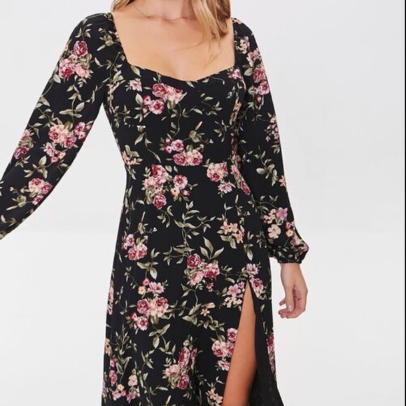 Forever 21 Women's Black Long Sleeves Floral Print A-Line Midi Dress (S/M) - Picture 2 of 4